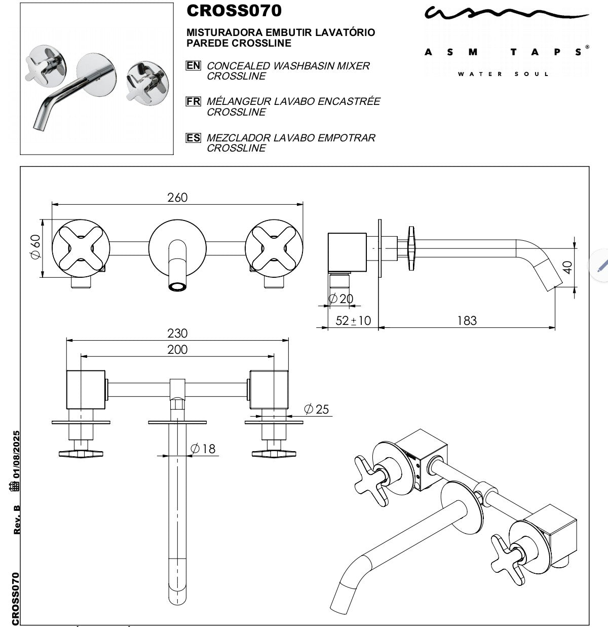 Wall-mounted double-lever faucet ASM Taps 3-hole installation detail — KreaConcrete