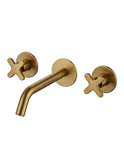 Faucet pack double-lever wall-mounted 3-hole + drain trap + click-clac valve Brushed Gold — KreaConcrete