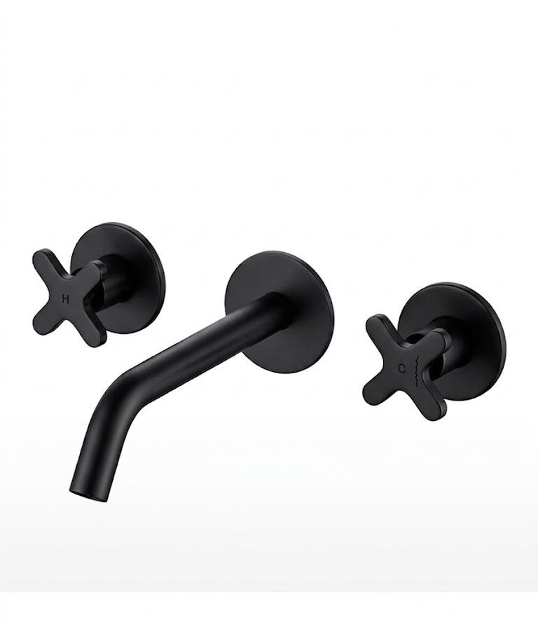 Faucet pack double-lever wall-mounted 3-hole + drain trap + click-clac valve Epoxy Black — KreaConcrete
