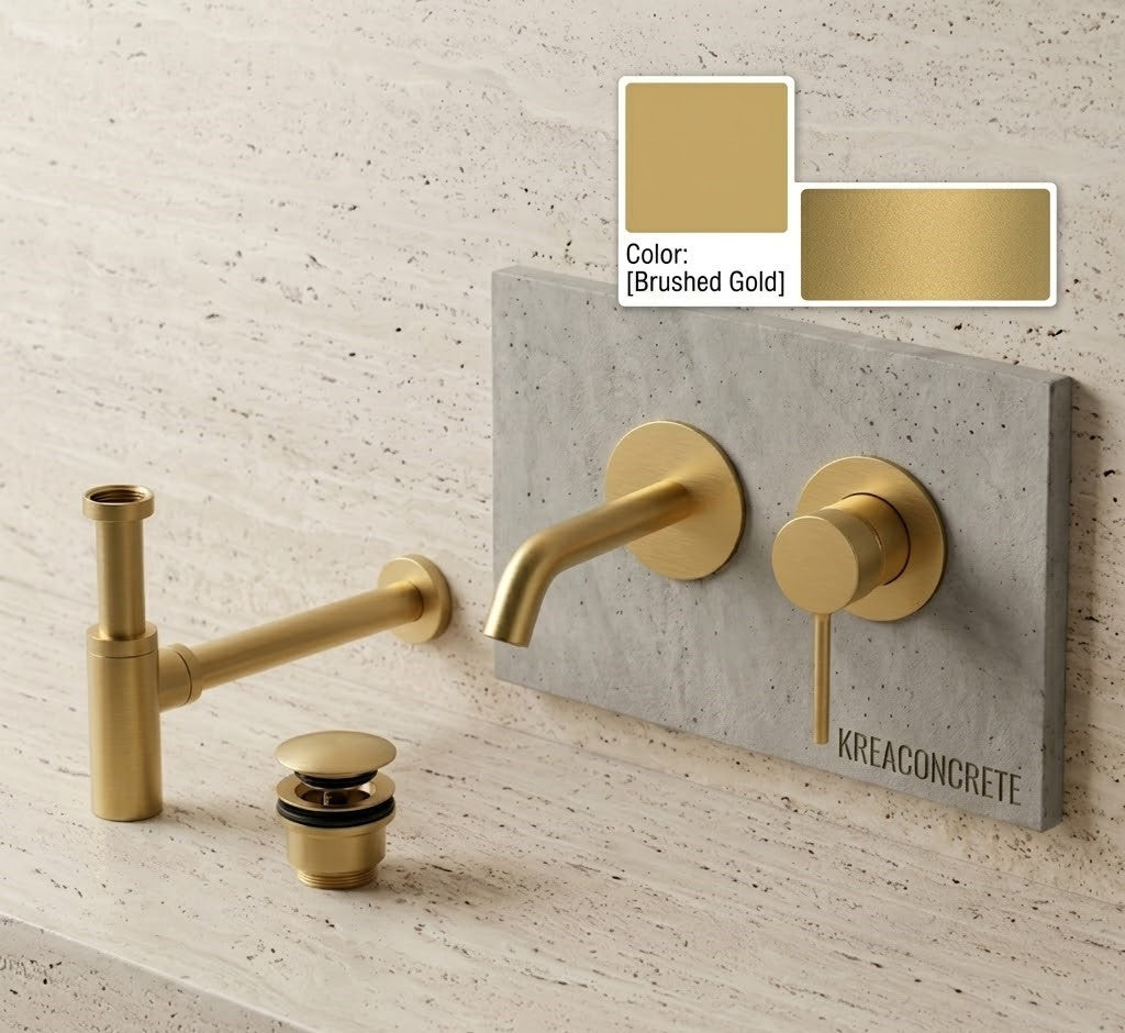 Faucet pack single-lever wall-mounted + drain trap + click-clac valve Brushed Gold — KreaConcrete