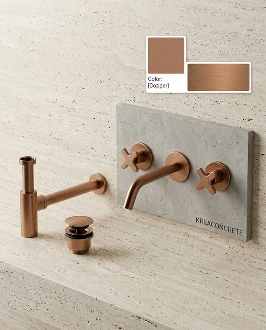 Faucet pack double-lever wall-mounted 3-hole + drain trap + click-clac valve Copper — KreaConcrete