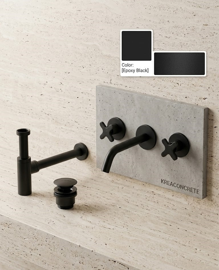 Faucet pack double-lever wall-mounted 3-hole + drain trap + click-clac valve Epoxy Black — KreaConcrete