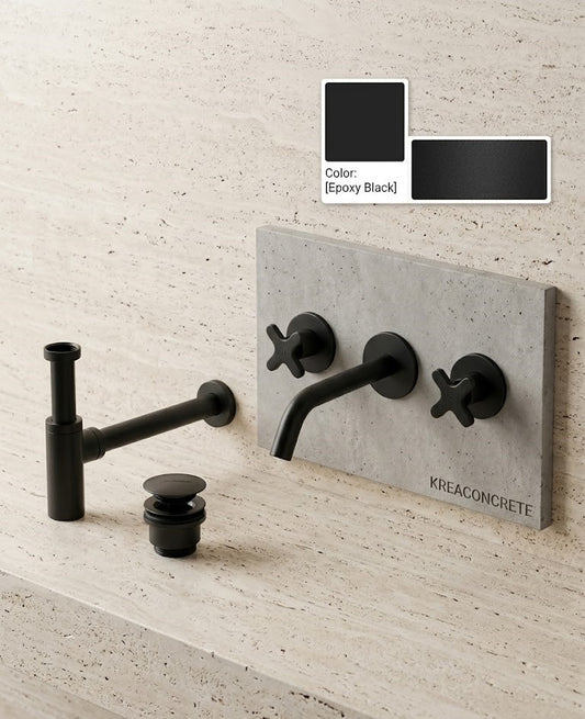 Faucet pack double-lever wall-mounted 3-hole + drain trap + click-clac valve Epoxy Black — KreaConcrete