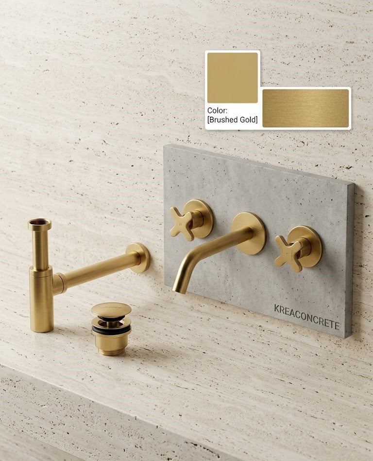 Faucet pack double-lever wall-mounted 3-hole + drain trap + click-clac valve Brushed Gold — KreaConcrete