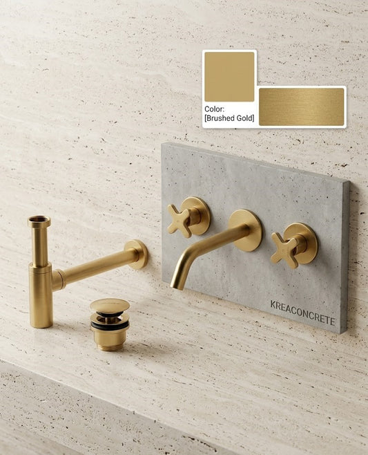 Faucet pack double-lever wall-mounted 3-hole + drain trap + click-clac valve Brushed Gold — KreaConcrete