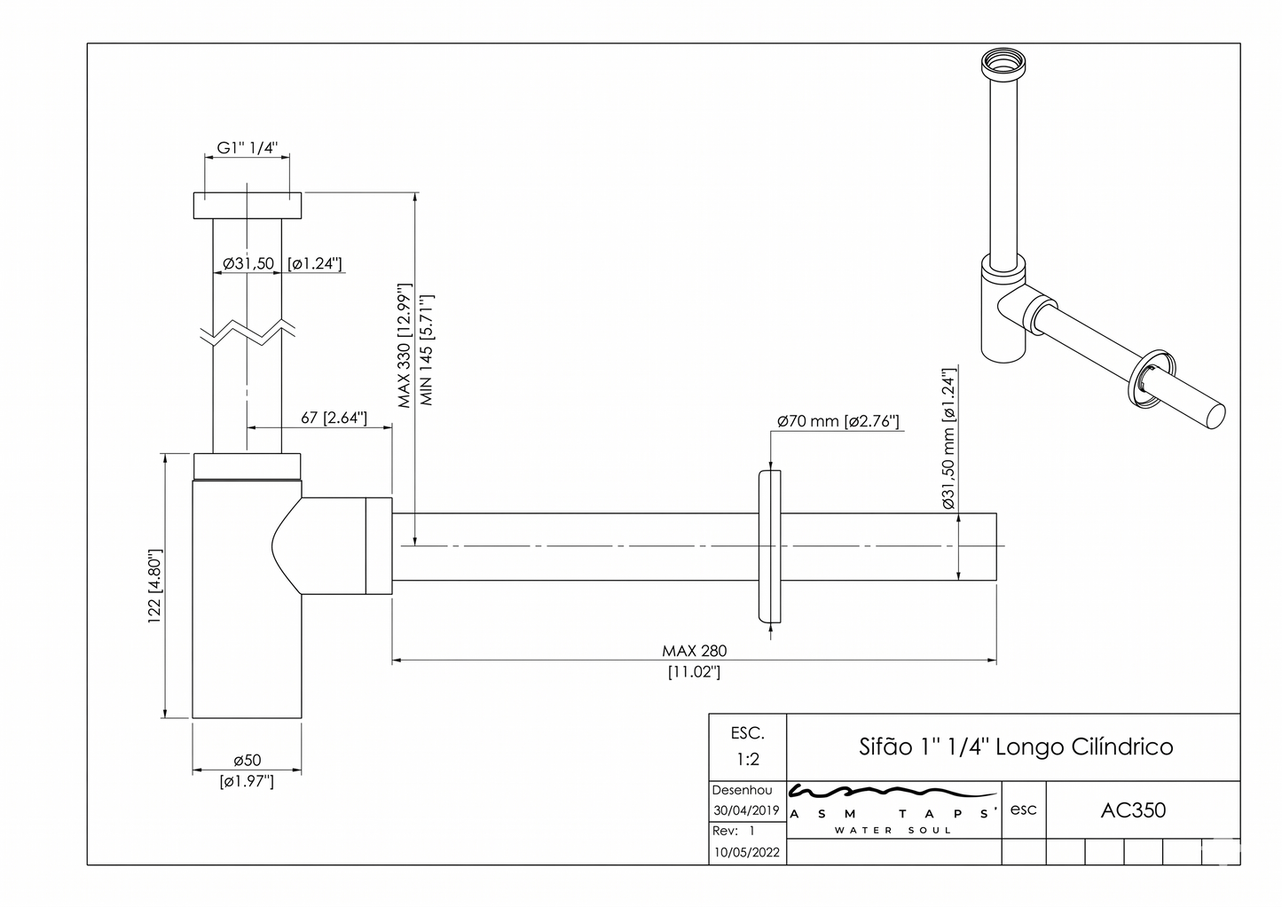 Faucet pack double-lever wall-mounted 3-hole + drain trap + click-clac valve Copper — KreaConcrete