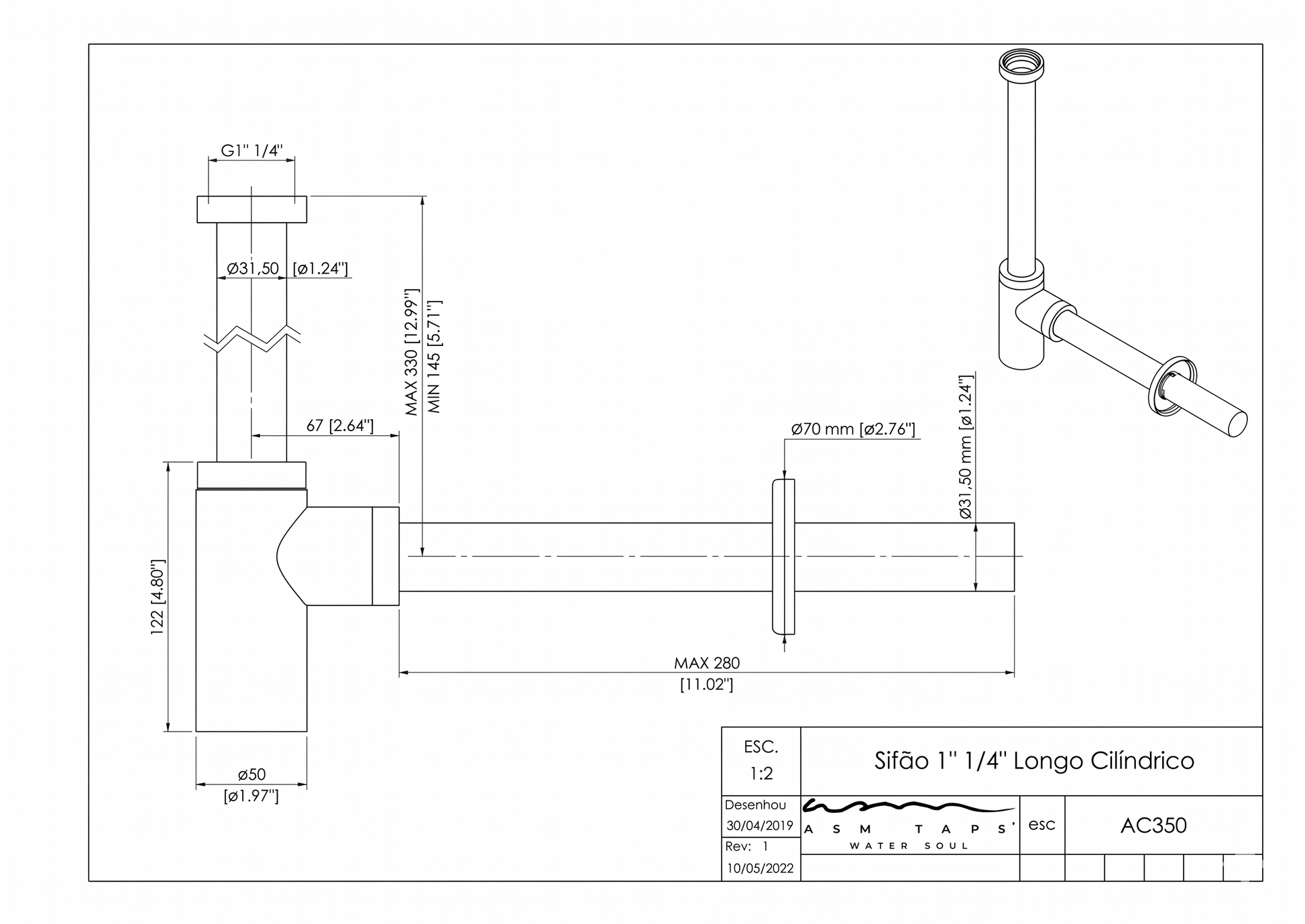 Faucet pack double-lever wall-mounted 3-hole + drain trap + click-clac valve Copper — KreaConcrete